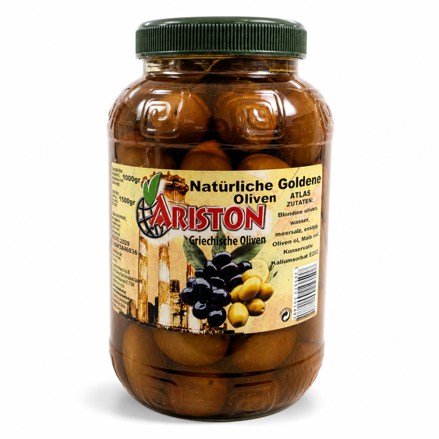Goldene Blondine-Oliven mit Stein – Ariston 1 kg Abtropfgewicht
