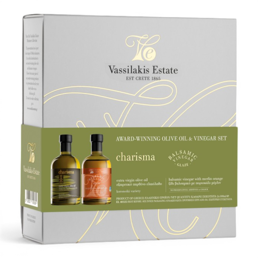 Geschenkbox Vassilakis Charisma 100 ml Olivenöl + Balsamico mit Orange 100 ml