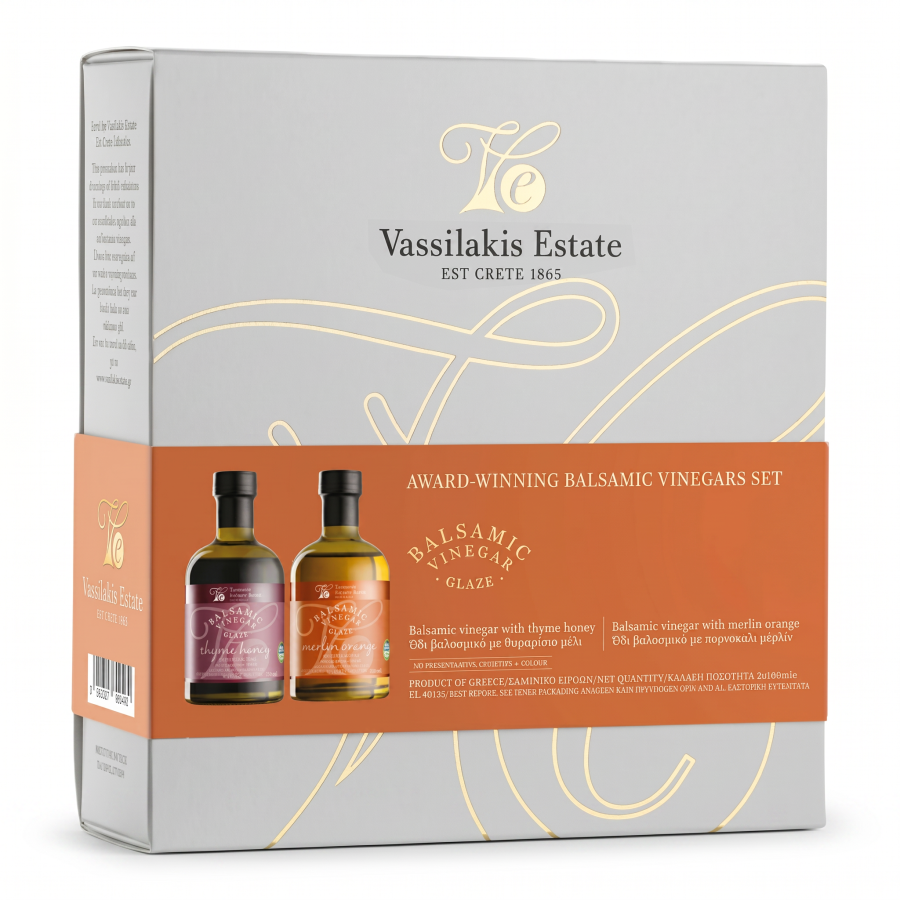 Geschenkbox Vassilakis Balsamico mit Thymianhonig 100 ml + Balsamico mit Orange 100 ml