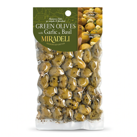 Grüne Oliven mit Knoblauch & Basilikum – MIRADELI 250 g