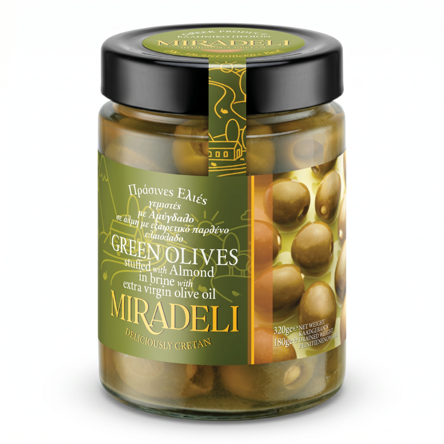 Grüne Oliven mit Mandeln gefüllt – MIRADELI 180 g